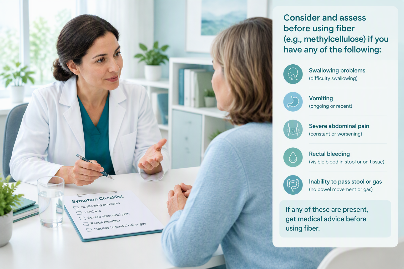 Healthcare discussion about methylcellulose safety and constipation warning signs