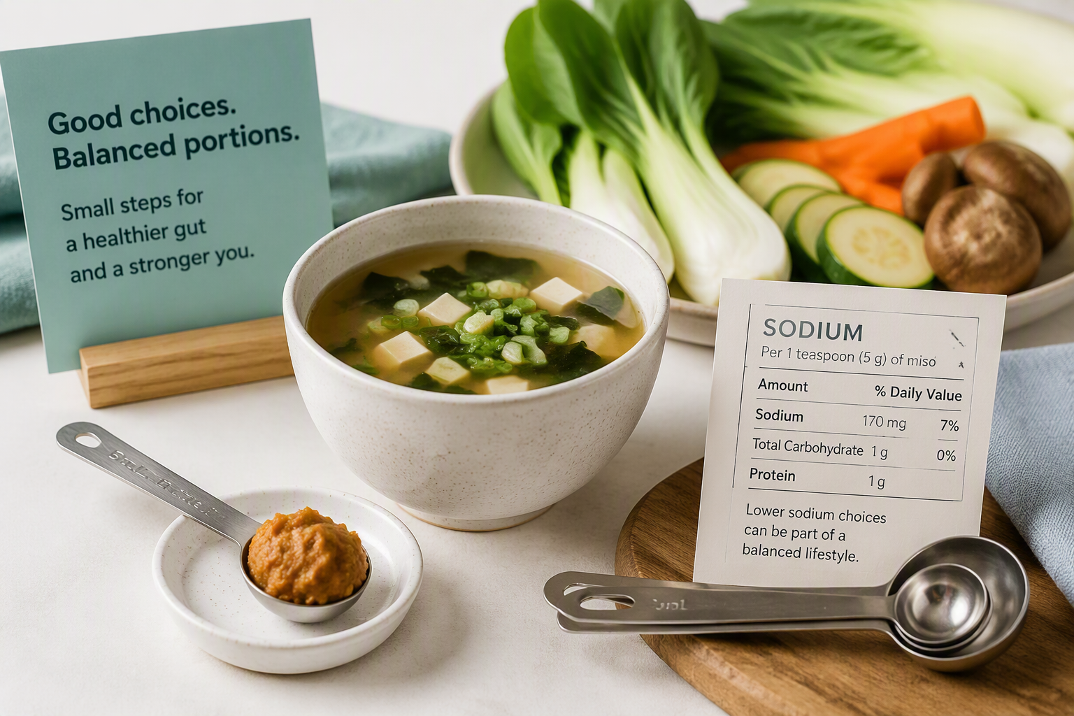 Small miso portion with vegetables illustrating sodium awareness and safe serving size