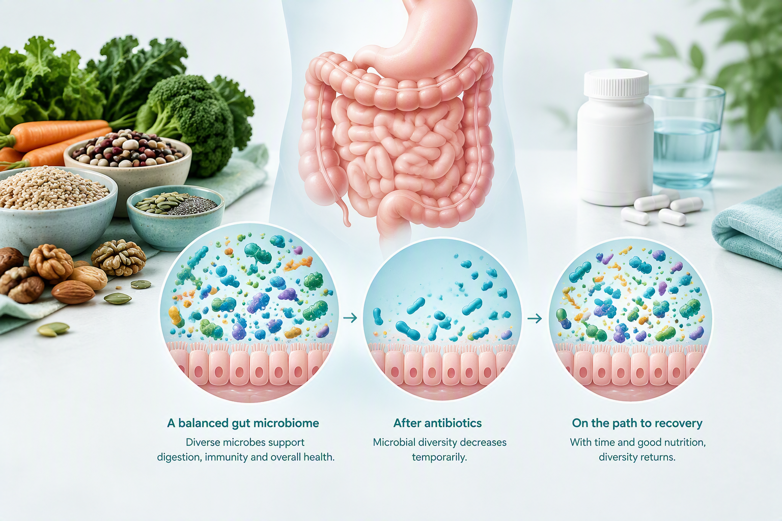 Gut microbiome changes after antibiotics and fiber-rich foods for recovery