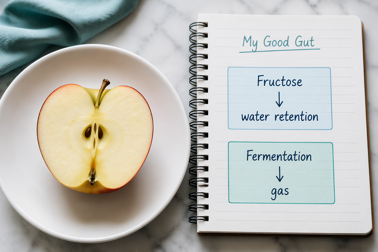 Top-down shot of apple and notepad explaining fructose, sorbitol and IBS symptoms