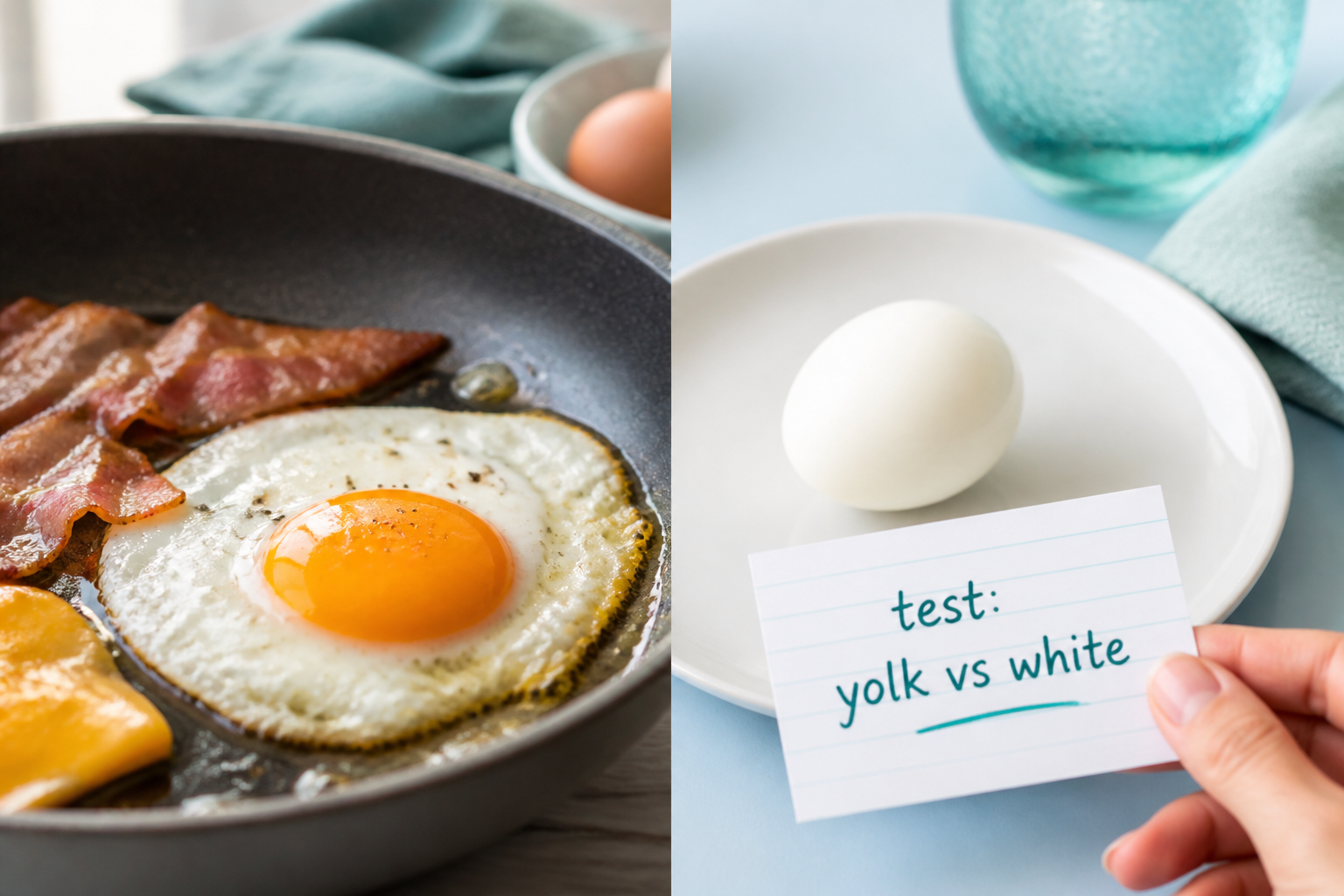 Split image: greasy fried egg with add-ins vs plain boiled egg noting yolk and white testing