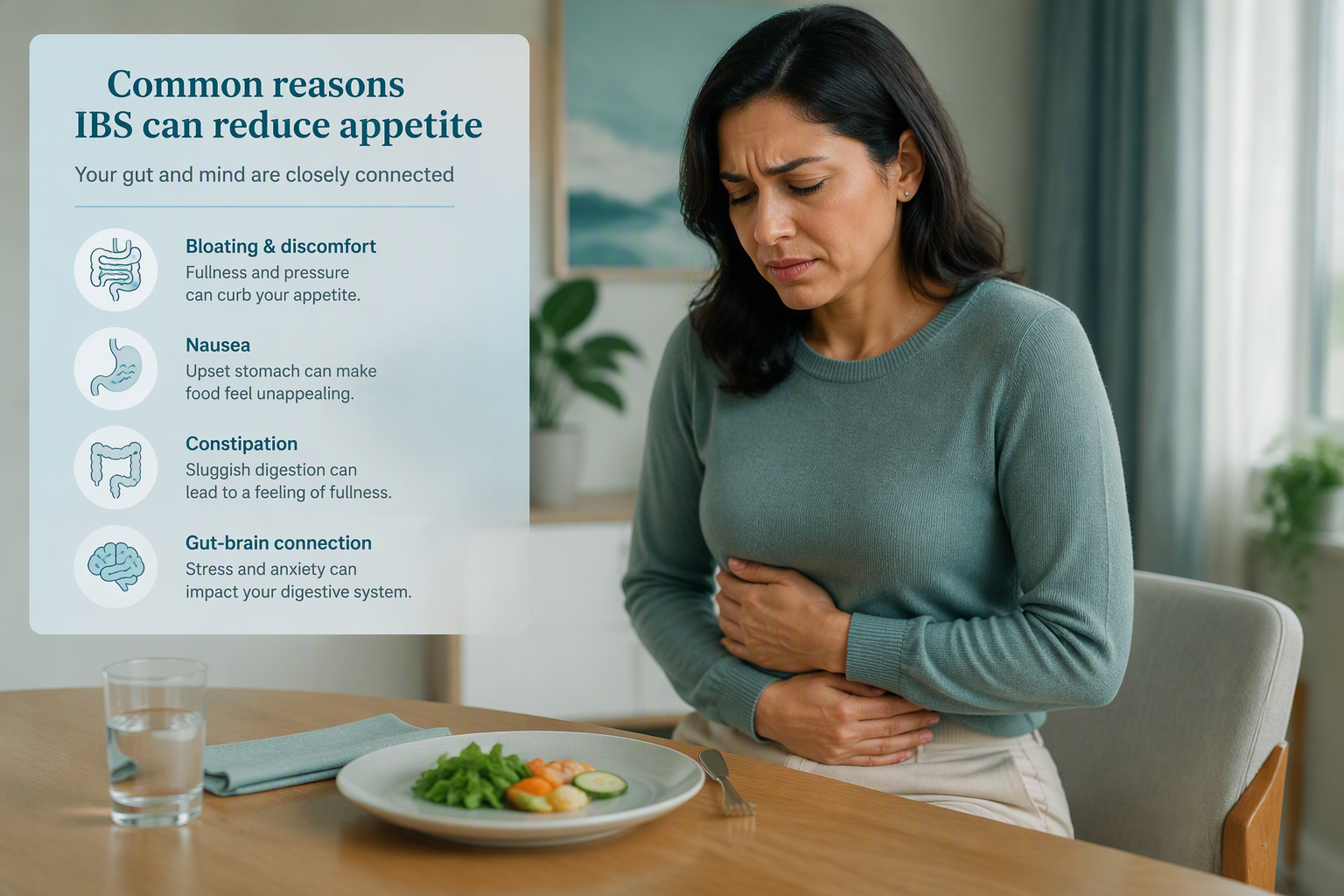 Adult experiencing IBS pain, bloating, and stress-related loss of appetite
