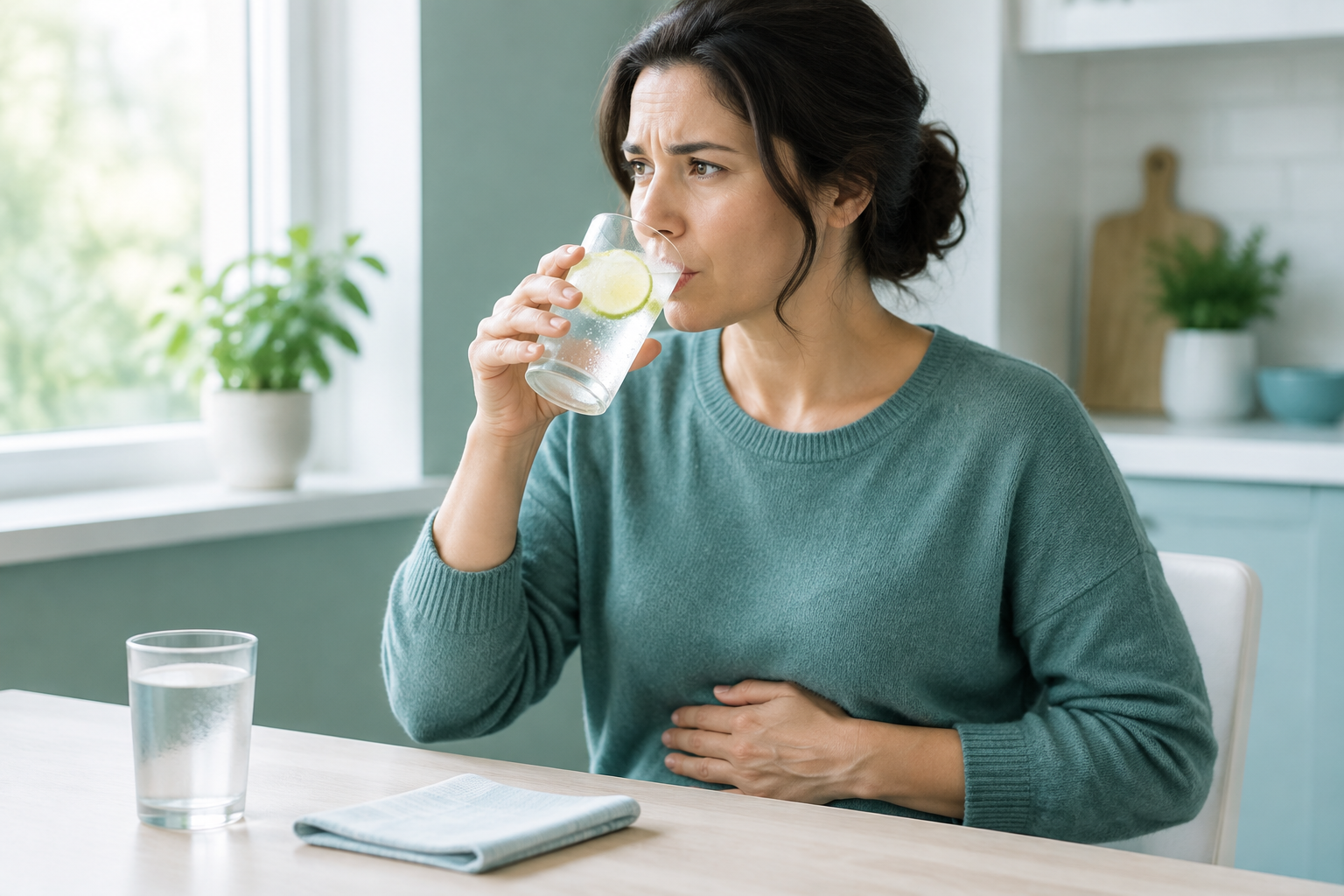 Person taking small sips of Sprite for mild upset stomach comfort