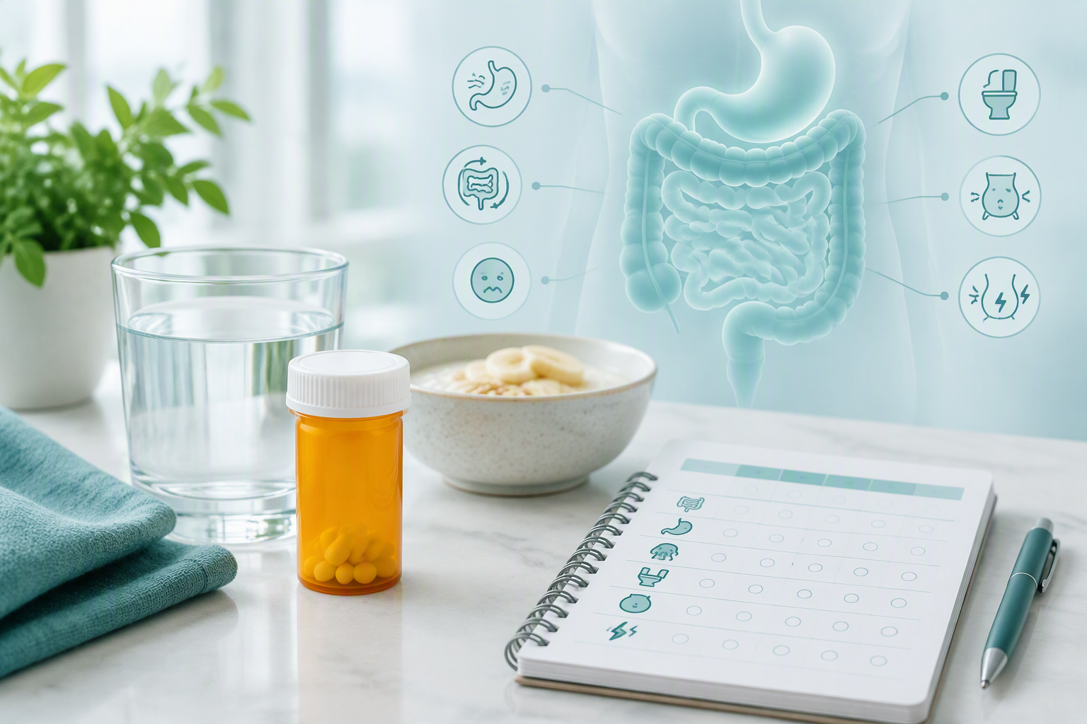 SSRI medication beside a symptom journal illustrating digestive side effects