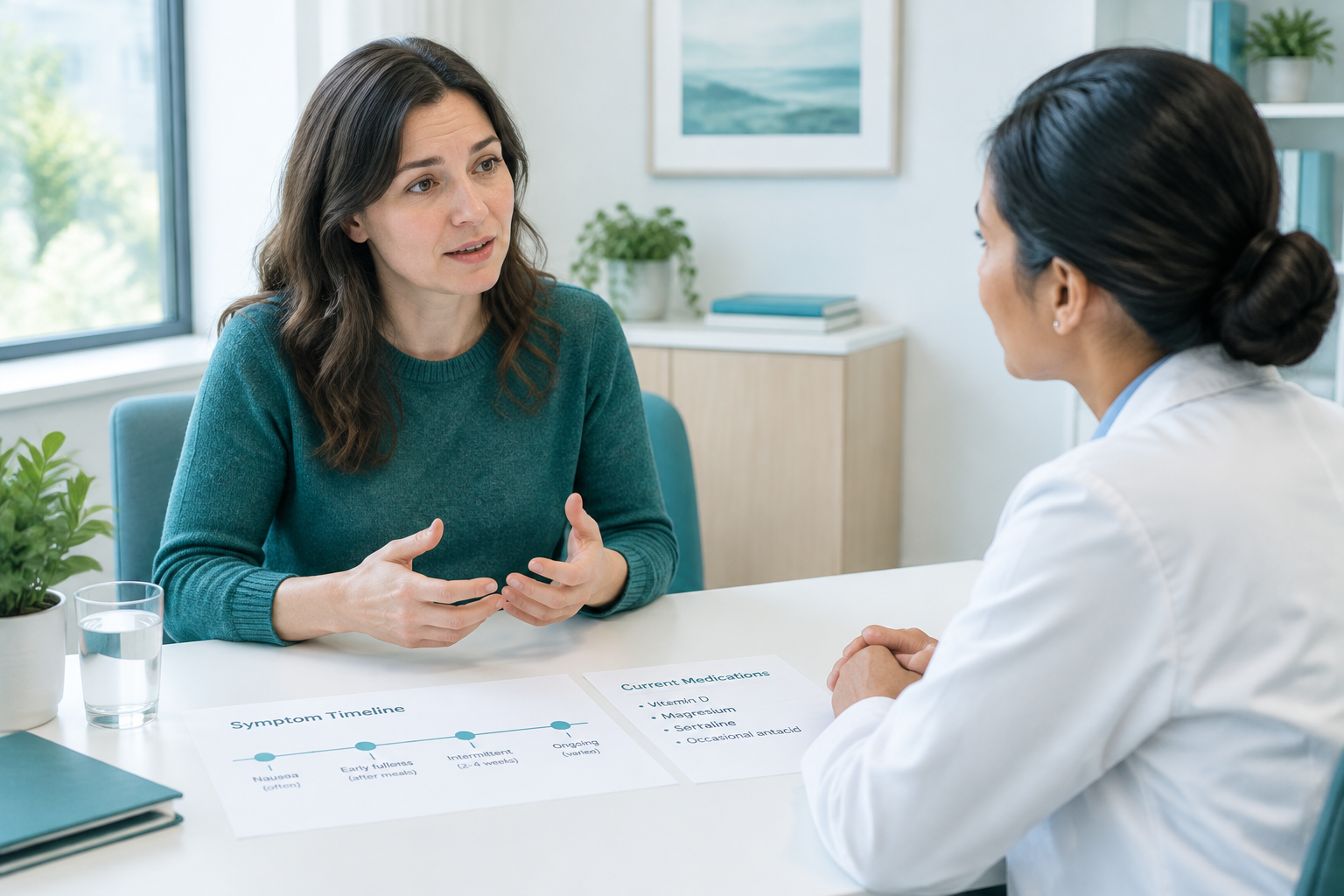 Patient and clinician discussing nausea and early fullness during gastroparesis diagnosis