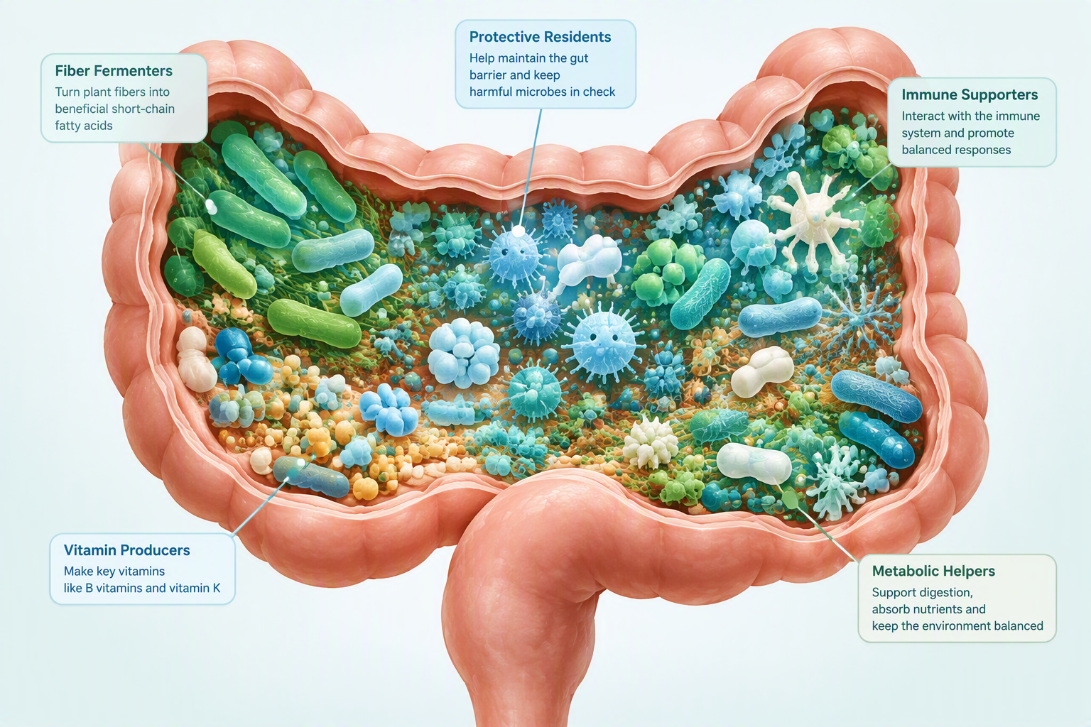 Balanced gut microbiome ecosystem showing microbial richness and evenness