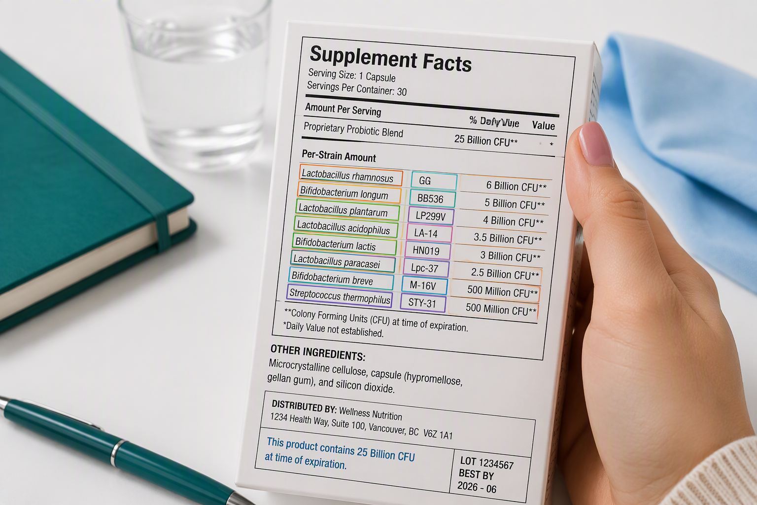 Reading Lactobacillus strain codes, CFU amounts, and probiotic labels