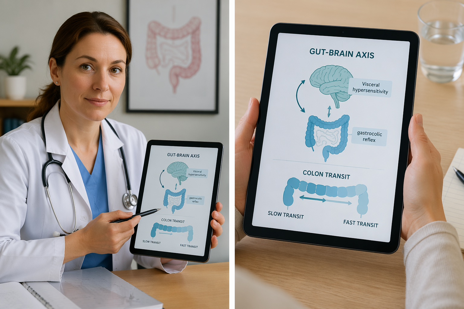 Clinician showing tablet diagram of gut-brain axis and rapid transit causing urgency