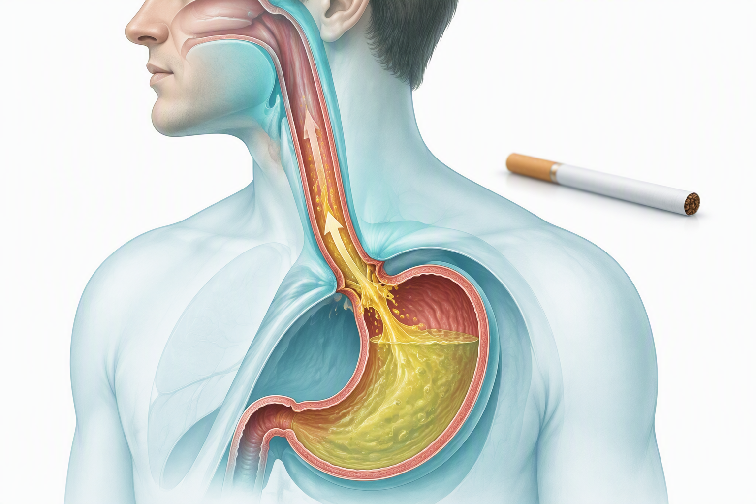 Medical illustration of smoking-related heartburn, reflux, and the lower esophageal sphincter