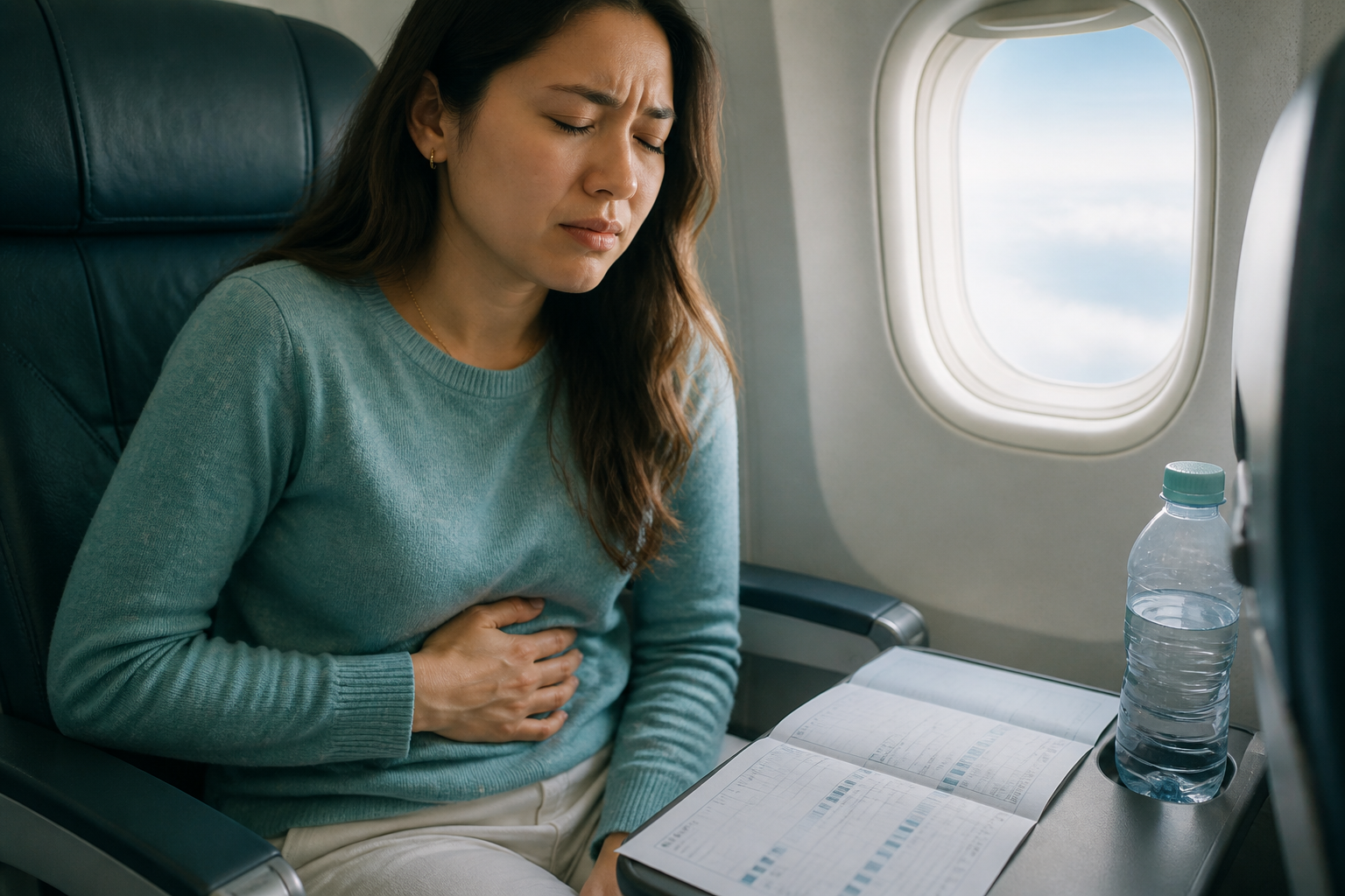 Traveler on plane clutching abdomen illustrating why travel triggers IBS symptoms