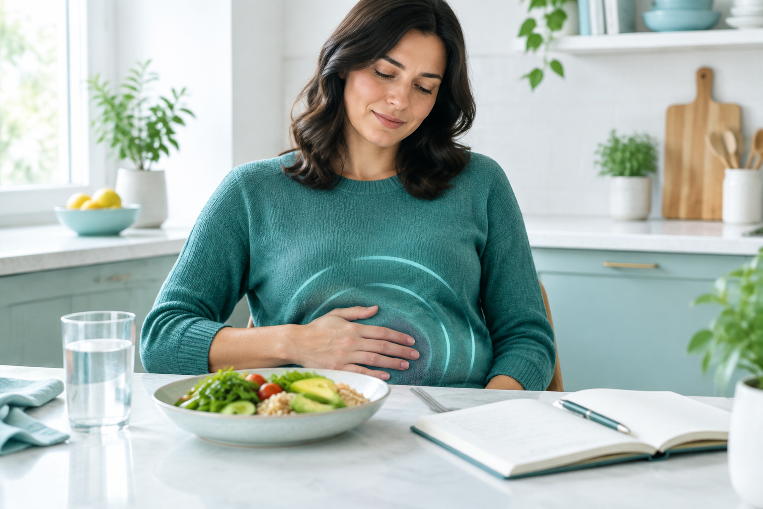 Adult experiencing bloating and a tight belly after a meal