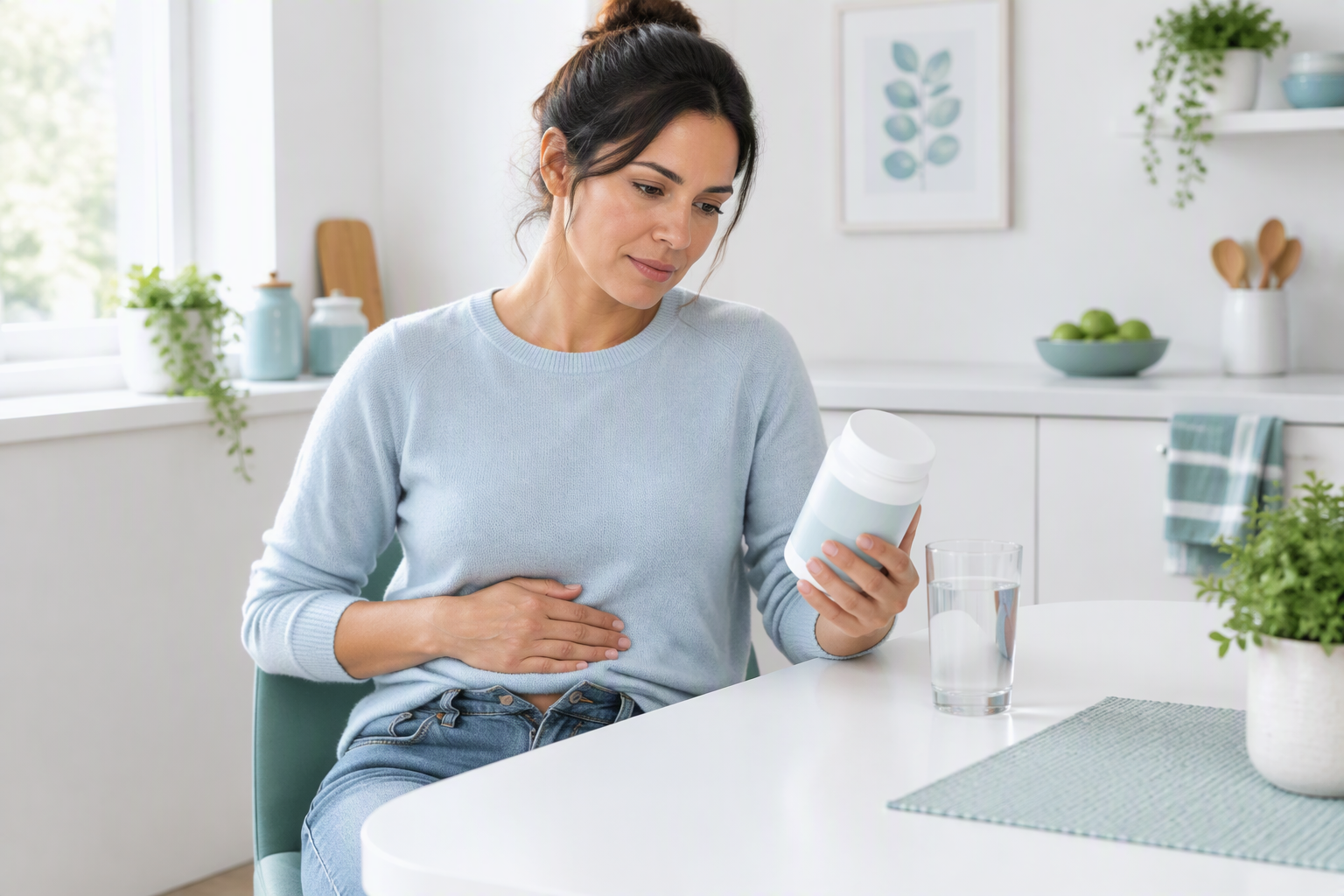 Adult experiencing gas and bloating from early fiber supplement side effects