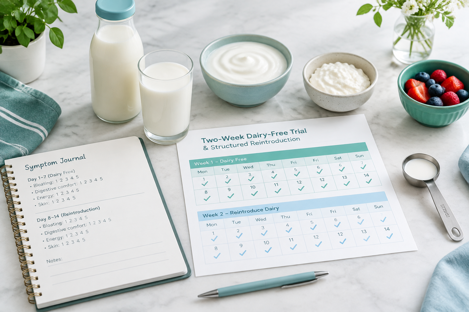 Two-week dairy-free trial with symptom diary and lactose reintroduction