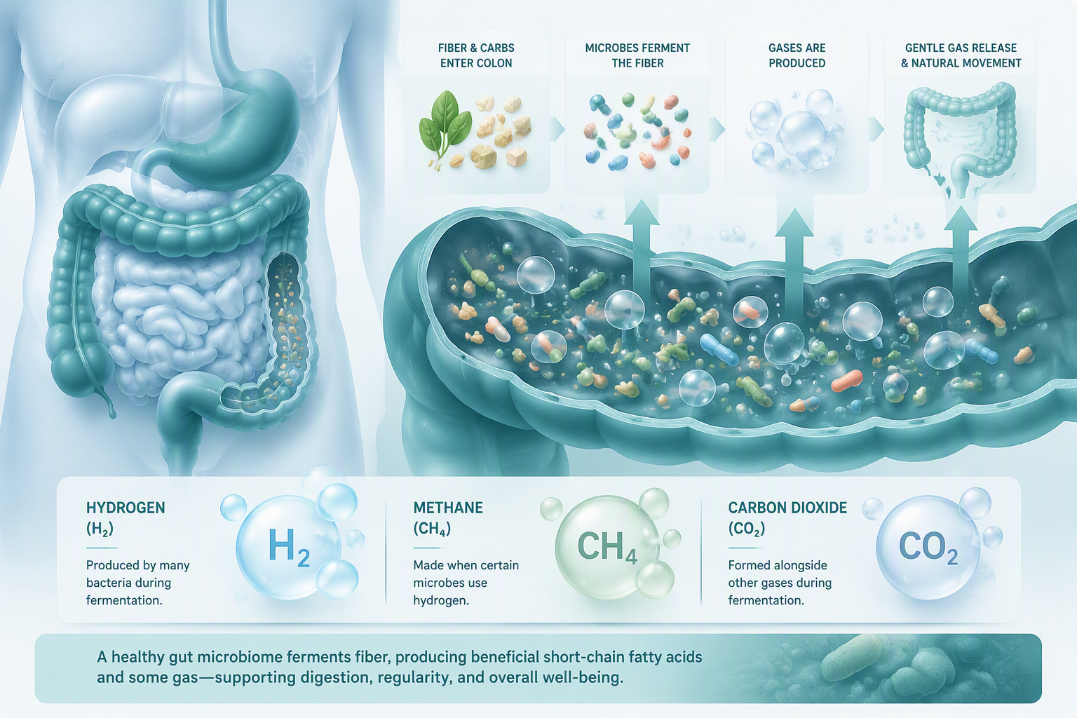 Illustration of gut bacteria fermentation producing gas after probiotic changes