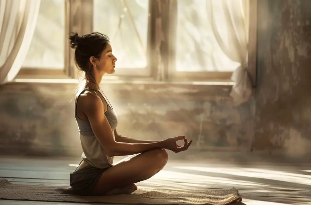 A woman meditates by a window.